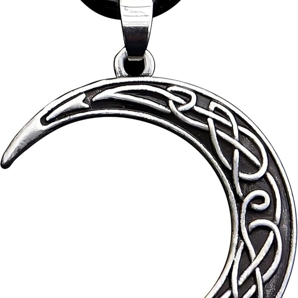 Crescent Moon Necklace, Crescent Moon with Celtic Knotwork Pendant, Faux Leather